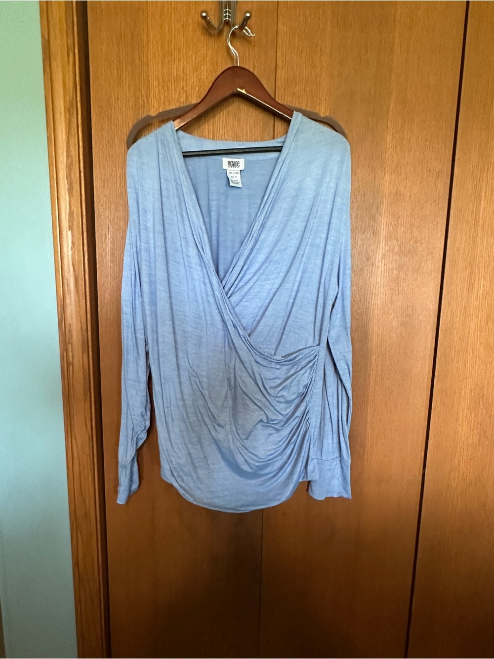 Monroe & Main Light Blue Faux-Wrap Long Sleeve Top
